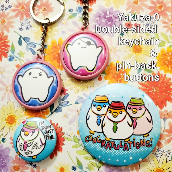 Yakuza 0 Loot | Dance Avatar double-sided keychain | BunChan Congratulations pin | BunChan "doin' just fine mini-pin