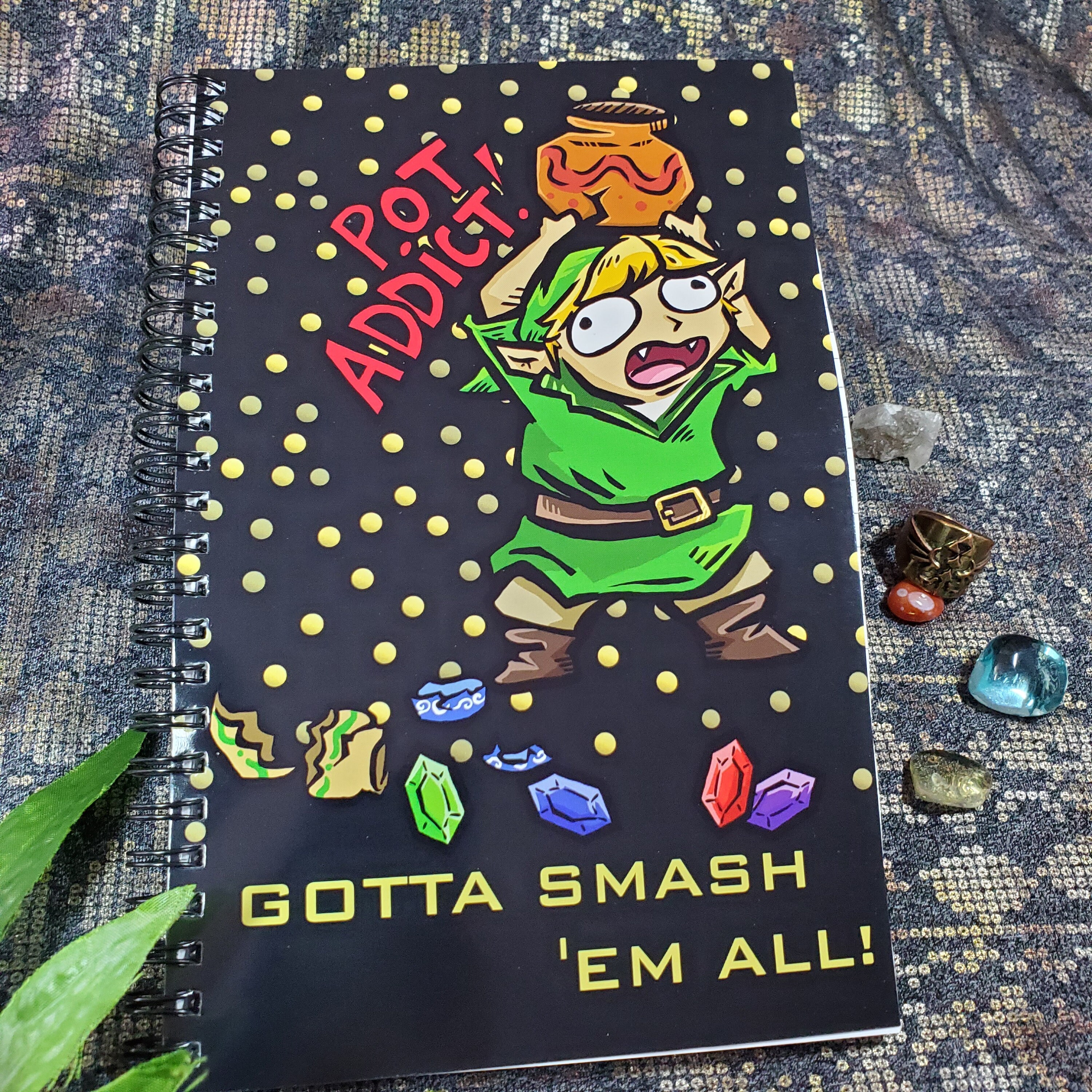 LoZ Link Pot Addict notebook, Gotta Smash 'Em All | lined pages | size: 8.5"×5.5"
