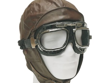 Vintage Aviation Helmet Pilot Cap Leather Lining 100% Cotton Brown (without Goggles)