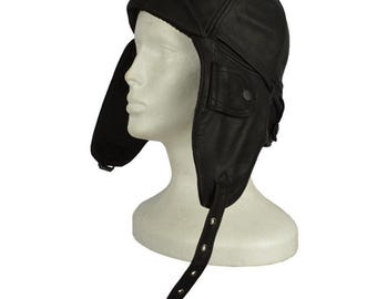 Vintage Aviation Helmet Pilot Cap Leather Lining 100% Cotton Black
