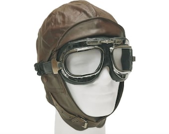Vintage Aviation Helmet Pilot Cap Leather Lining 100% Cotton Brown (with Goggles)