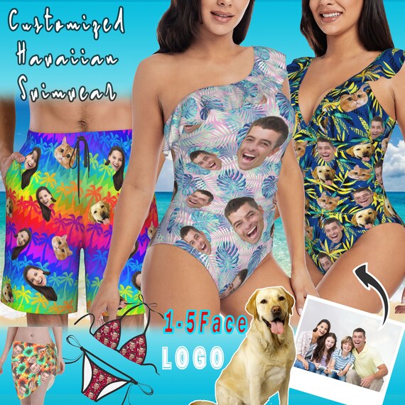 Gepersonaliseerde badmode met gezicht aangepast gezicht op Hawaiiaanse zwembroek aangepaste zwemkleding voor koppels met gezichten aangepast dameszwempak met gezicht Etsy Nederland