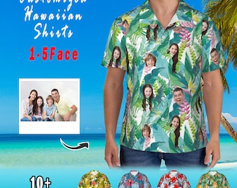 Camisa hawaiana personalizada con cara, camisas de pareja de estilo vacacional hawaiano, camisa con foto personalizada, regalos personalizados de camisas con foto de mascota