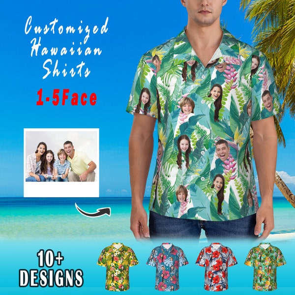 Chemise hawaïenne personnalisée avec visage, chemises de couple de style vacances hawaïennes, chemise photo personnalisée, chemises photo personnalisées pour animaux de compagnie, cadeaux