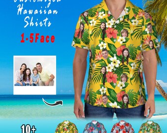 Chemise hawaïenne personnalisée avec visage, chemises de couple de style vacances hawaïennes, chemise photo personnalisée, chemises photo personnalisées pour animaux de compagnie, cadeaux