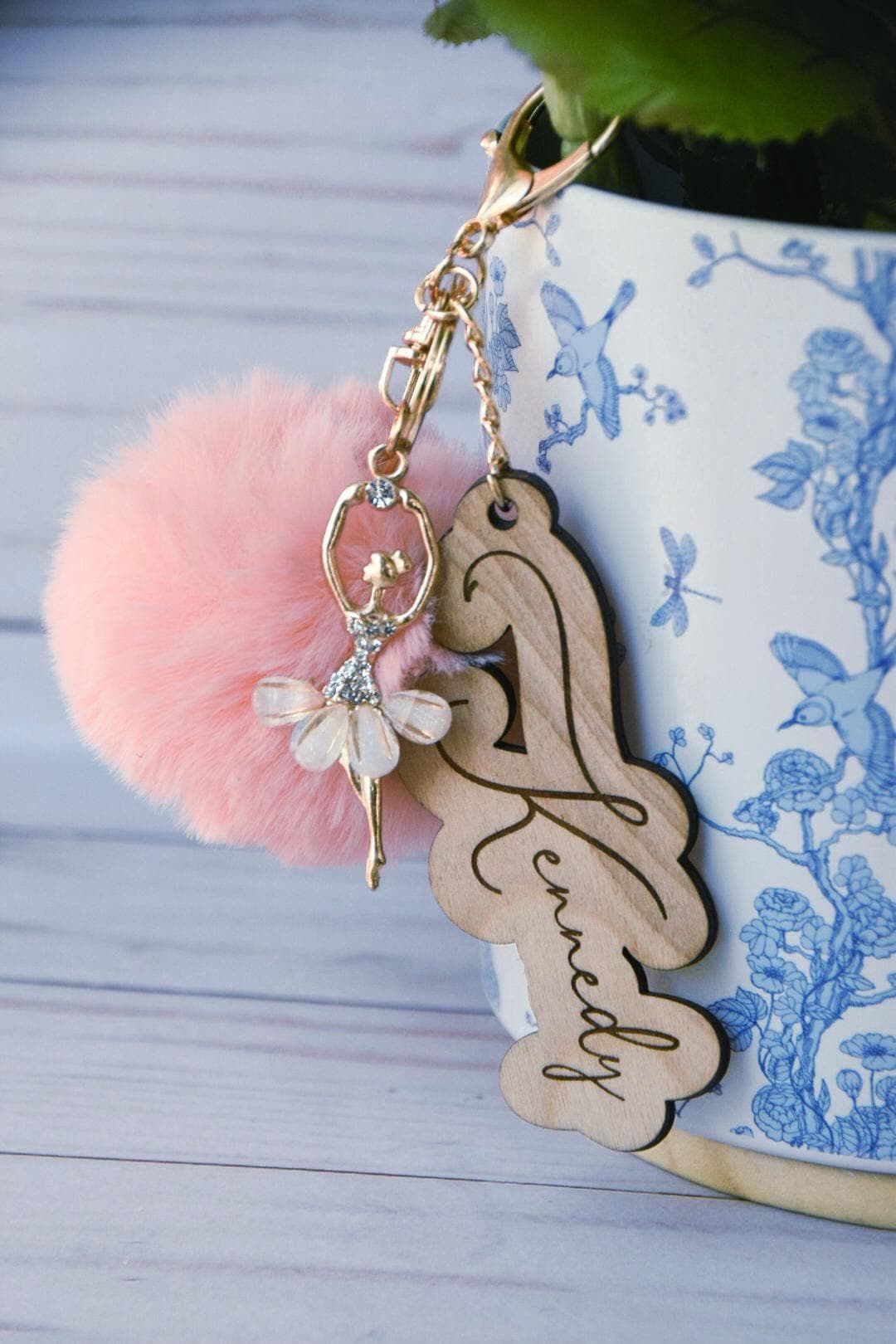 Ballerina keychain/ bag tag| personalized wooden name | Ballerina charm pom pom