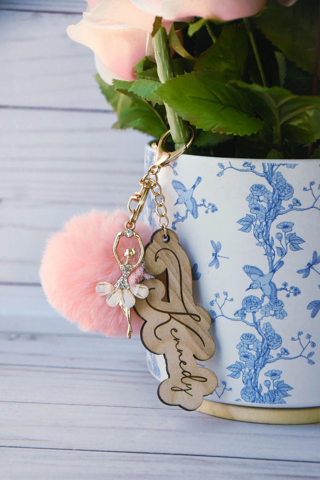 Ballerina keychain/ bag tag| personalized wooden name | Ballerina charm pom pom