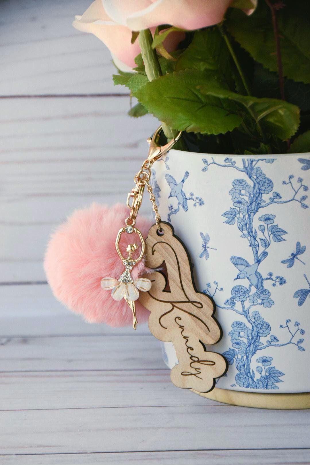 Ballerina keychain/ bag tag| personalized wooden name | Ballerina charm pom pom