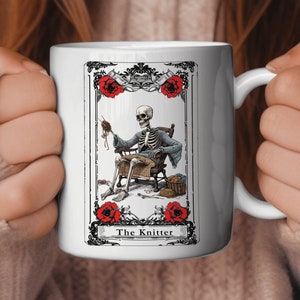 Skeleton Tarot Card Coffee Mug, Knitter Mug, Knitter Coffee Mug, Tarot Card Mug, Skeleton Mug, Skeleton Knitter, Spooky Mug, Knitter Gift
