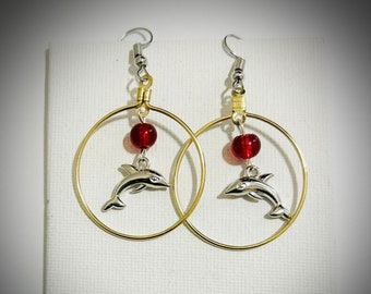 Dolphin gold colored metal charms red glass beads hoop earrings in medium-length Fashion Accessories for Ocean Lovers