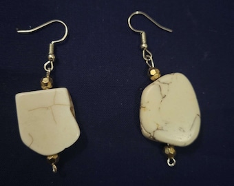 Unique Stylish Handmade White Stone Earrings with Beaded Elegant Faux Pearls Gold Accents Gift for Her for Any Occasion