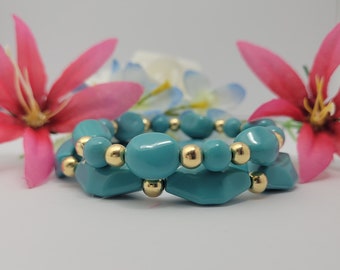 Double faux stone turquoise bracelet with gold accent bead bracelet jewelry, Elegant and affordable