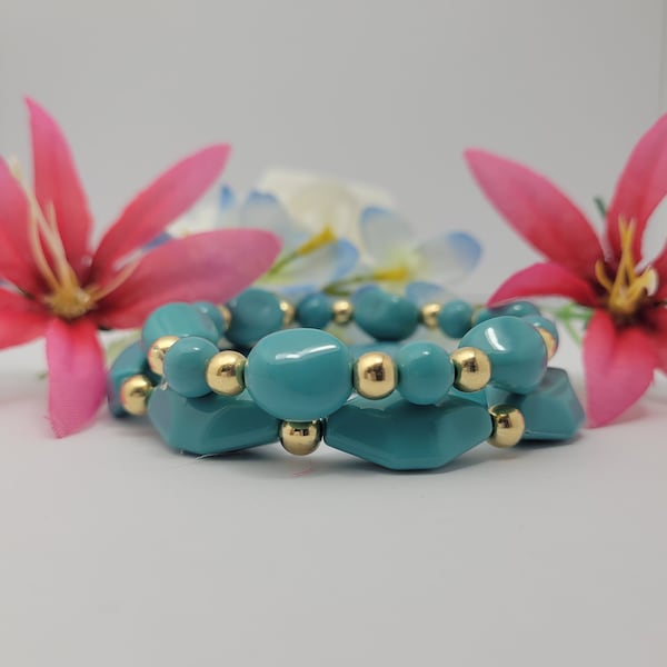 Double faux stone turquoise bracelet with gold accent bead bracelet jewelry, Elegant and affordable