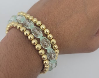 Elegant triple strand Blue crystal bracelet with gold beads, Large crystal beads beautiful gold accents, fancy bracelet for women, Luxury