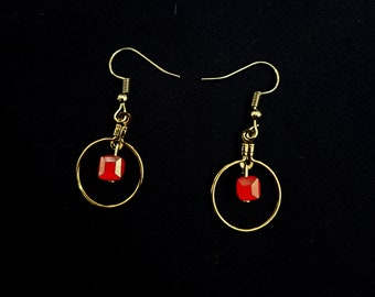 Elegant Exquisite Dangling Faux adorned with Golden Beaded Earrings featuring a Dangling Cubed Crimson Center Bead