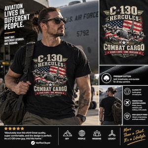 Puede incluir: Una camiseta negra con un gráfico de un avión C-130 Hercules sobre una bandera estadounidense desgastada. El texto dice C-130 HERCULES COMBAT CARGO FOUR FANS ONE MISSION TACTICAL AIRLIFT ERA. El diseño incluye siluetas de montañas.