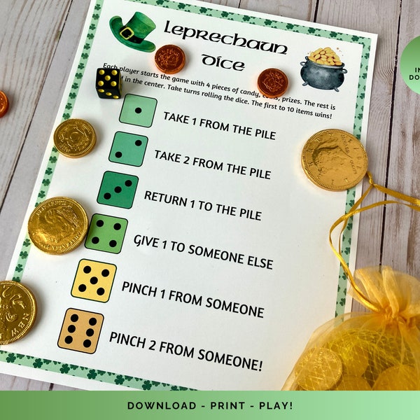 Leprechaun Dice Game, St. Patrick's Day Candy Dice Game, Printable Roll the Dice St. Paddy's Lucky Coin Game, Easy Classroom Party Activity