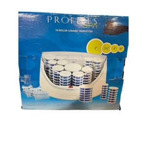 May include: A blue and white box with a Profes Spa 14-roller ceramic hairsetter. The box shows the hairsetter with 14 rollers in various sizes: 2", 1 1/4", 1", and 3/4". The hairsetter is white with blue rollers.