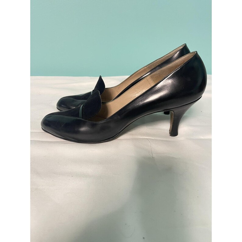 60s Vintage Stiletto Pumps Heels Size 7.5 Narrow Black Leather And Suede S-254 image 4