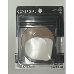 May include: Covergirl Clean powder in shade 525 Buff Beige, presented in a black and white blister card. The item is a round compact featuring beige powder and a white applicator sponge, with a net weight of 11.5 grams or 0.41 ounces.