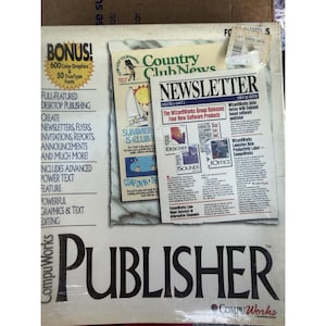 May include: A CompuWorks Publisher software box featuring a large white background with black text. The cover displays a bonus section for 600 color graphics and 50 TrueType fonts, alongside a newsletter sample titled Country Club News.