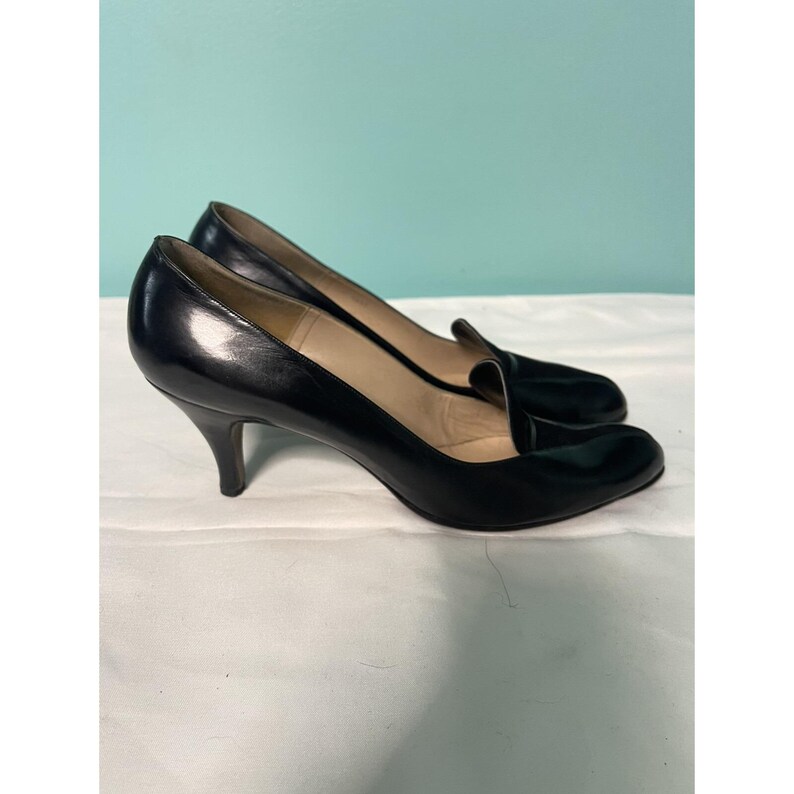 60s Vintage Stiletto Pumps Heels Size 7.5 Narrow Black Leather And Suede S-254 image 2