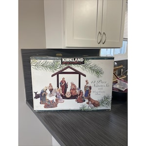 Vintage Kirkland 13 Piece Porcelain Nativity Set Wooden Crèche Costco
