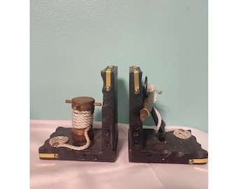 Vintage Nautical Wood Maritime Carved Black Bookends 2PC Bin P