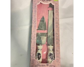 Cuchillo y servidor de porcelana para tarta de bodas, bonito como una imagen, de Enesco. Nuevo.