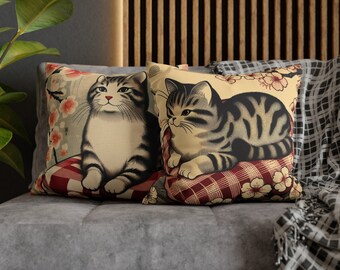 Vintage Cat Spun Polyester Square Pillowcase, Design Pillow Cover, Cute Cats Pillow, Animal Pillowcase, Decorative Pillows