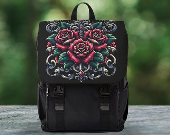 Black Unisex Backpack Tattoo Style Red Roses, Gothic Scrollwork Laptop Sleeve Canvas Adjustable Padded Should Straps Cool Backpack