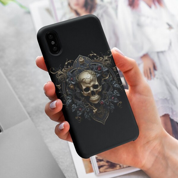 Stylish Black Goth Phone Case with Card Holder - iPhone 13, Samsung Galaxy S21, S22 - MagSafe Compatible - Clear Ports - Gold Skull Design