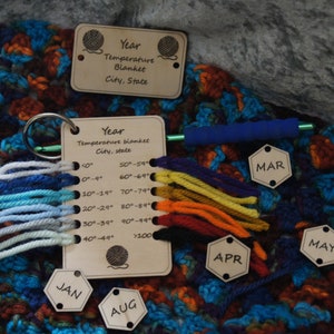 Aangepaste projectkaart temperatuurdeken haken/breien met optionele projecttag en maandtags