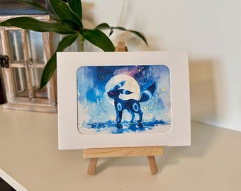 Impresión digital física de acuarela de Umbreon variocolor de Pokémon (15,5 cm x 11,5 cm) - Marco blanco