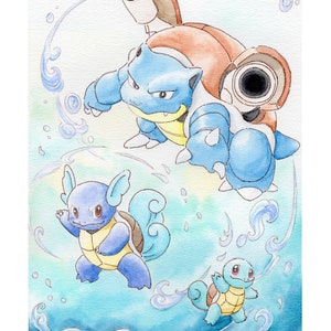 May include: Watercolor illustration of three blue and yellow turtle Pokemon. The largest turtle is blue with a brown shell and is in the center of the image. The two smaller turtles are on either side of the larger turtle. The background is a light blue watercolor wash with white swirls.