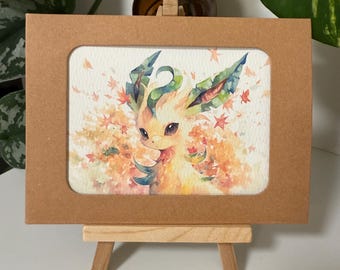 Evoluciones de Leafeon y Eevee de Pokémon: Ilustración en acuarela hecha por un fan (15,5 cm x 11,5 cm)