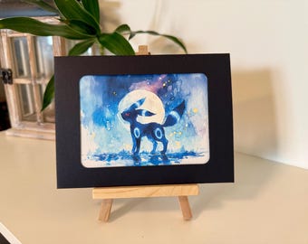 Impresión digital física de acuarela de las evoluciones de Umbreon y Eevee de Pokémon shiny (15,5 cm x 11,5 cm) - Marco negro