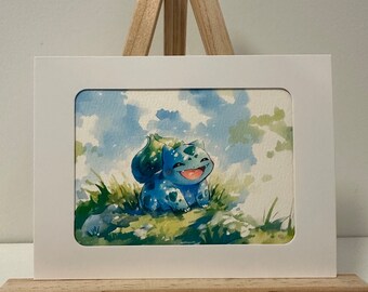 Impresión digital física de acuarela de Bulbasaur de Pokémon (15,5 cm x 11,5 cm)