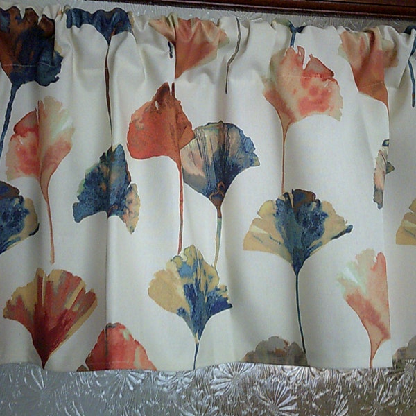 Cafe Curtain Orange Blue Ginkgo Flowers on a White Background Modern Scandi Floral Valance Rod Pocket 54" wide 100% Cotton
