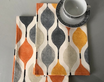 PAIR Tea Towels Funky Orange Grey Geometric Cotton with Hanging Loop 24x17"