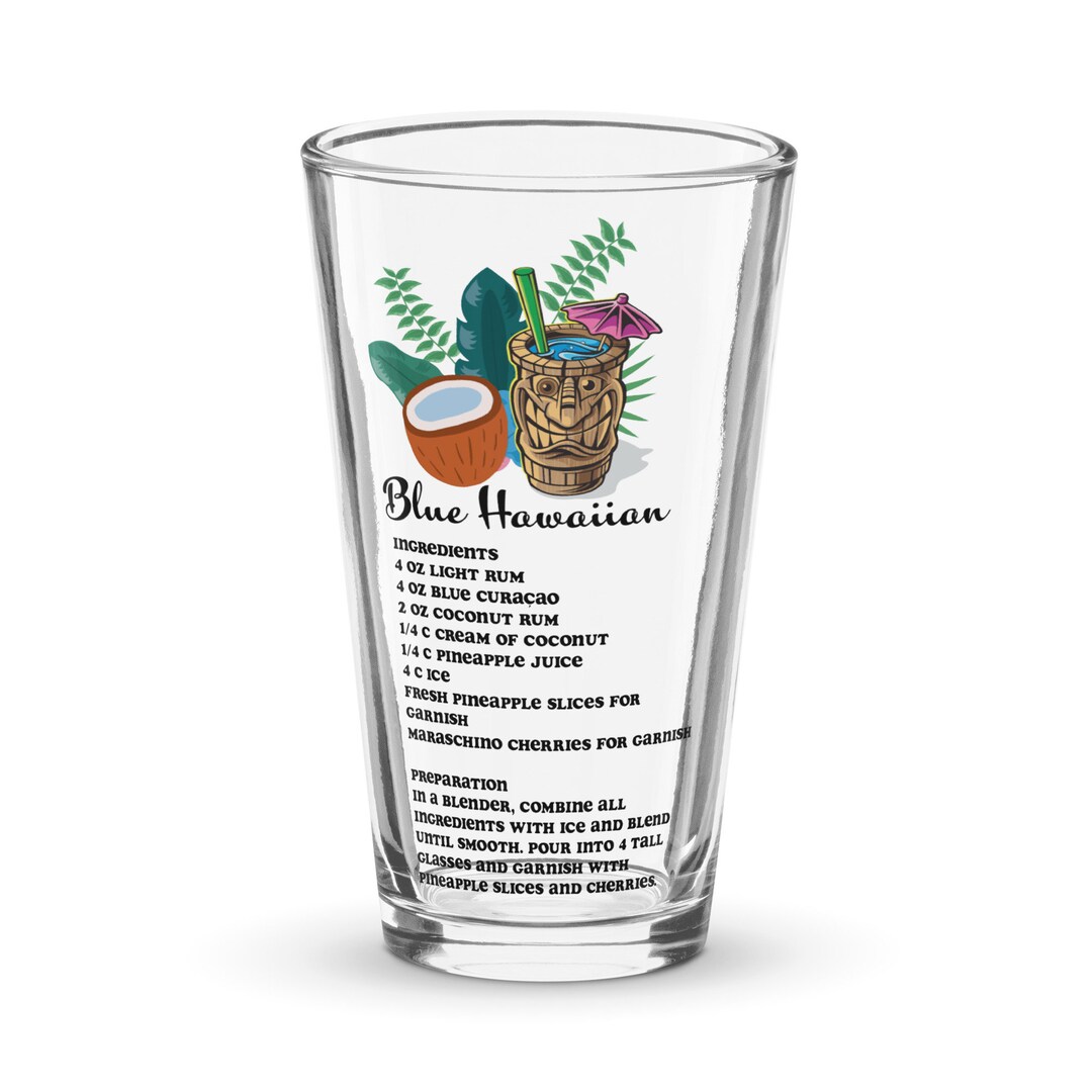 Retro Blue Hawaiian Cooler Cocktail Recipe Shaker Pint Glass for Tiki