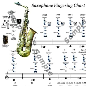 Könnte beinhalten: Saxophon-Griffchart mit Noten und Diagrammen, die die Fingerpositionen für verschiedene Noten veranschaulichen. Enthält Diagramme für linke und rechte Hand, mit einer Saxophon-Grafik.
