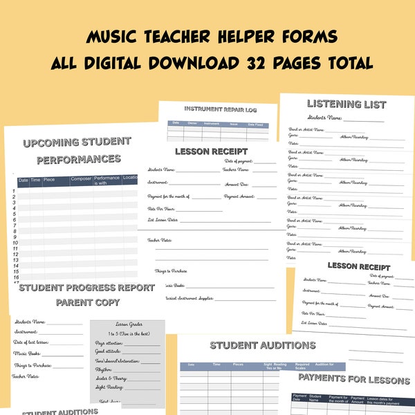 Printable Music Teacher Assignment sheets | Music teacher Planner | Lesson Receipts and much more.