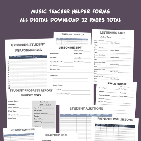 Printable Music Teacher Progress Reports | Music Practice Log| Music Teacher Lesson Planner | Music Practice Log | Lesson Receipts and more.