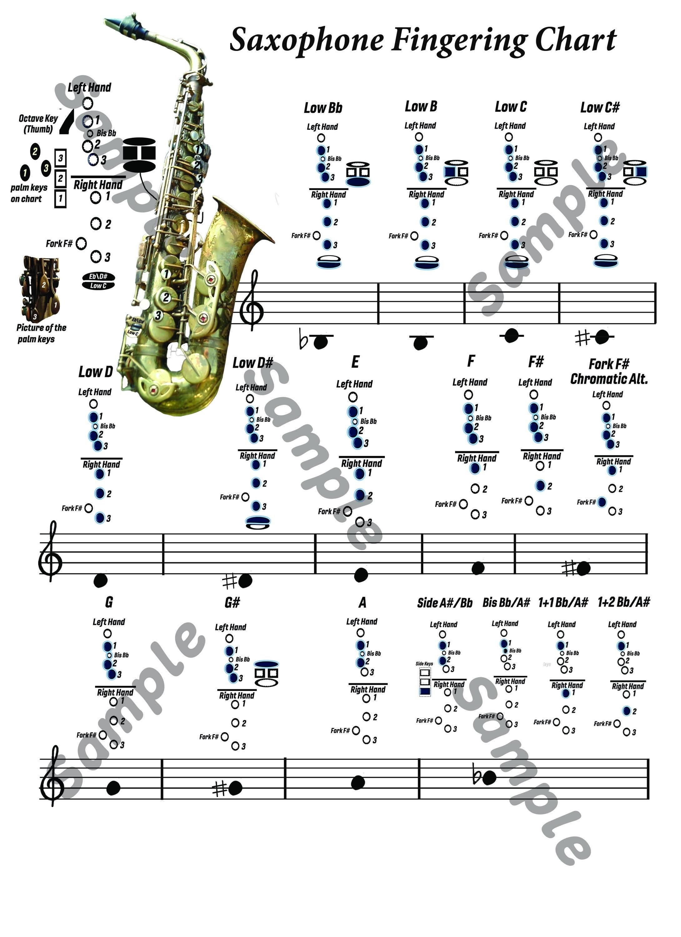 Full Range Alto Sax Fingering Chart From Low Bb to Altissimo D Very High Notes Plus printable manuscript paper