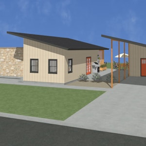 1,000 SF,  2 bedroom, 1 bath,  modern, affordable house plan, open floor plan, indoor-outdoor living, car port, shed.