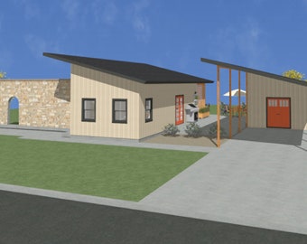 1,000 SF,  2 bedroom, 1 bath,  modern, affordable house plan, open floor plan, indoor-outdoor living, car port, shed.