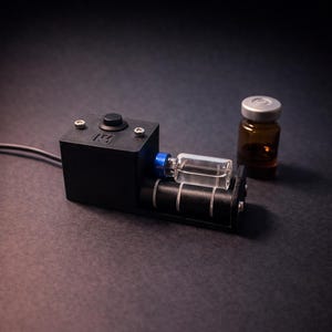 May include: A black device with a button and a clear glass vial with a blue cap. A brown glass vial with a silver cap is also present. The device has a wire attached and is on a dark surface.