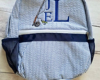 Angelschnur Seersucker Rucksack - Jungen Monogramm Tasche - Seersucker Wickeltasche - Personalisierte Seersucker Tasche - Monogramm Sersucker Tasche