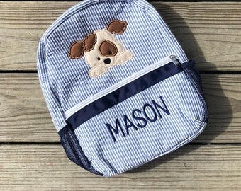 Puppy Seersucker Backpack - Boys Monogrammed Bag - Seersucker Diaper Bag -  Personalized  Seersucker Bag - Monogrammed  Sersucker Bag